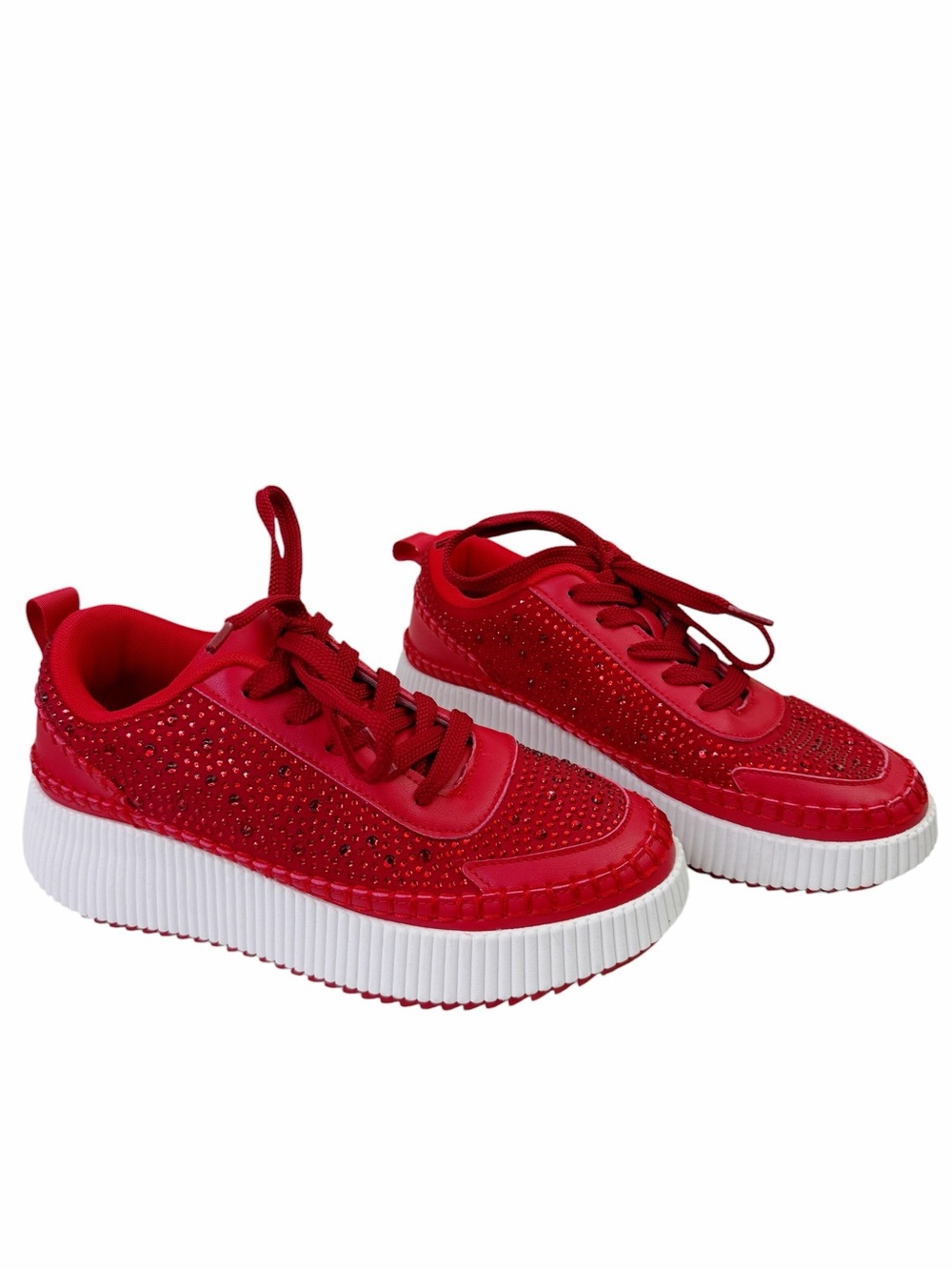 Red Rhinestone Sneakers Berness Lace Up Sparkle Shoes Glitz Glam Women’s Size 8